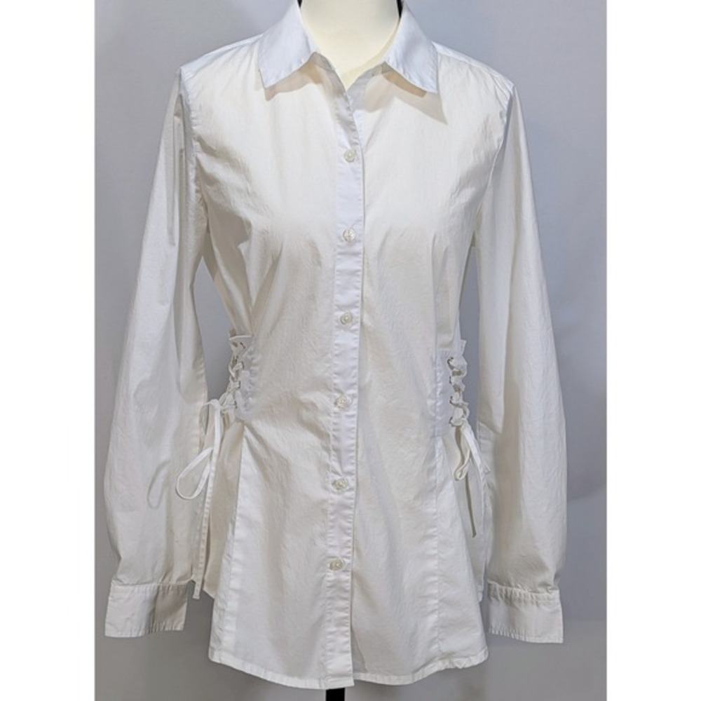 Saks‎ Fifth Avenue White Lace Up Shirt Button Front Stretch Cotton Top Size S